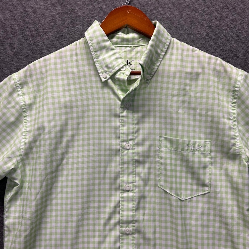 Huk‎ Mens Green Gingham Short Sleeve Button Down Fishing Shirt Size Medium